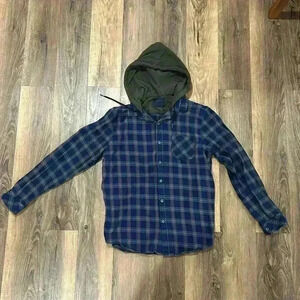 Nomad Hooded 100% Cotton Shirt Large Plaid Button-Up Long Sleeve.blue/gray/green